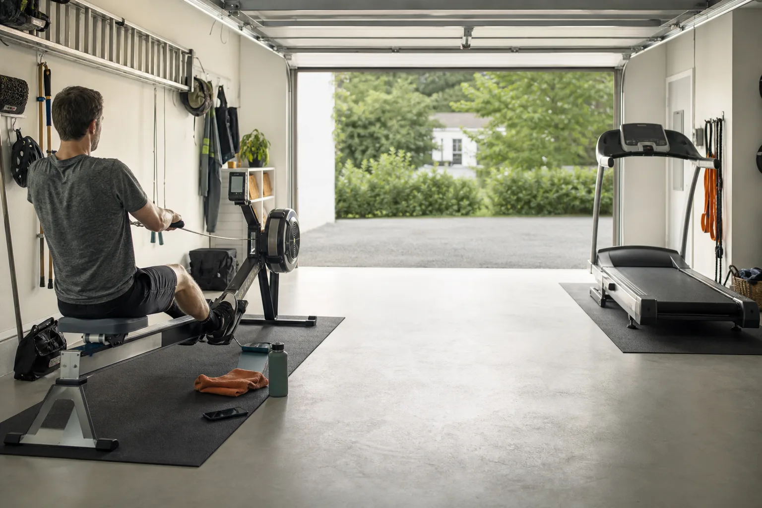 Roddmaskin och löpband jämförs i garage
