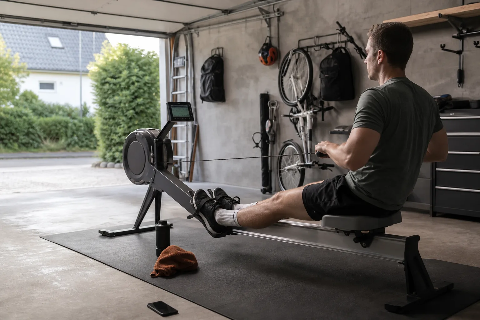 Generisk roddmaskin med lång skena i garage