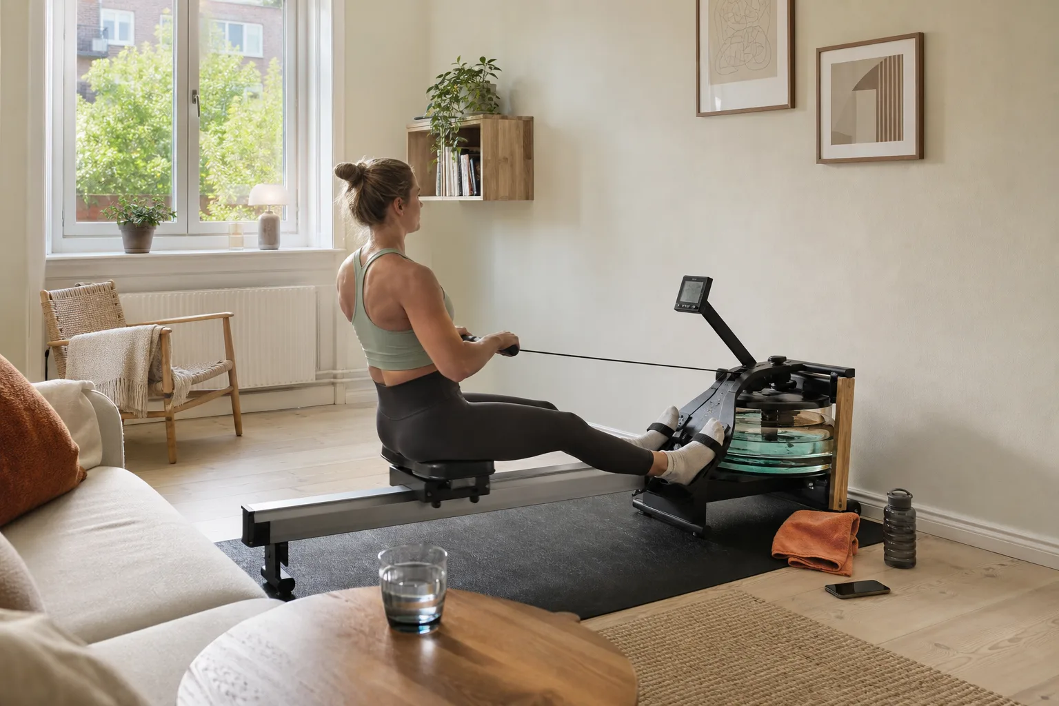 Roddmaskin med trädetaljer i vardagsrum